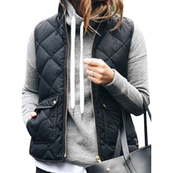 Women's Stand Collar Warm Padded Zip Closure Side Pockets Gilet Quilted Puffer Vest