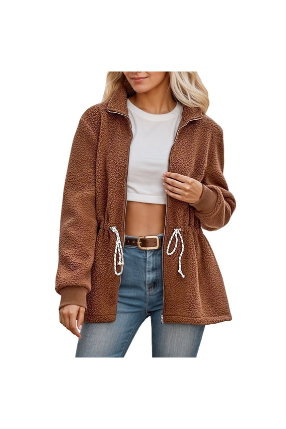 Women's Stand Collar Zip Up Jacket Outerwear for Cool Weather with Adjustable Drawstring Waist