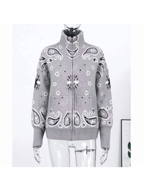 Women's Stand Collar Zip Up Knit Jacket, Vintage Paisley Print Long Sleeve Cardigan Sweater with Pockets, Cozy Chunky Fall Outerwear