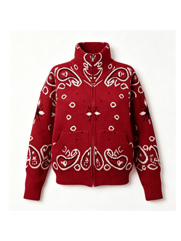 Women's Stand Collar Zip Up Knit Jacket, Vintage Paisley Print Long Sleeve Cardigan Sweater with Pockets, Cozy Chunky Fall Outerwear