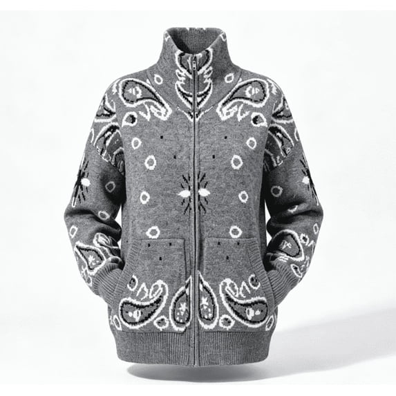 Women's Stand Collar Zip Up Knit Jacket, Vintage Paisley Print Long Sleeve Cardigan Sweater with Pockets, Cozy Chunky Fall Outerwear