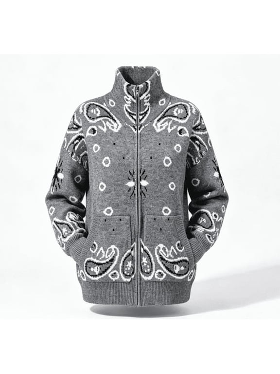 Women's Stand Collar Zip Up Knit Jacket, Vintage Paisley Print Long Sleeve Cardigan Sweater with Pockets, Cozy Chunky Fall Outerwear