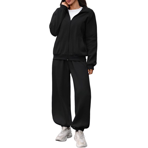 Women's Stand Collar Zip Up Loose Long Sleeve & Jogger Pant Two Piece Outfit Set Black S