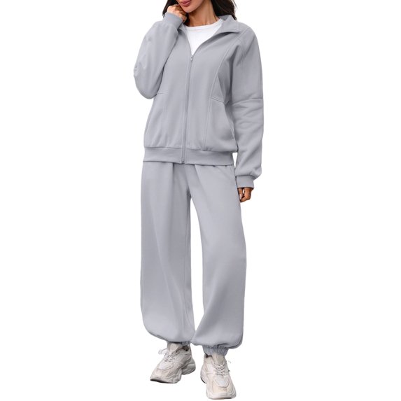 Women's Stand Collar Zip Up Loose Long Sleeve & Jogger Pant Two Piece Outfit Set Gray L