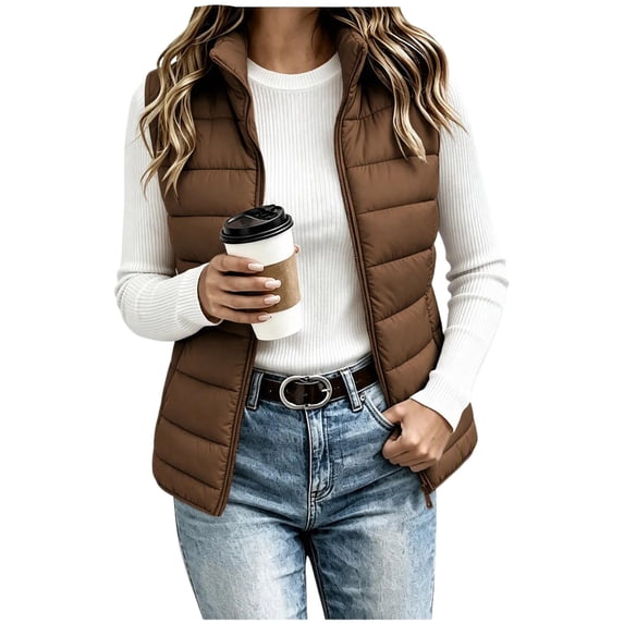 Women's Stand Collar Zip Up Puffer Vest Sleeveless Lightweight Quilted Gilet with Pockets Casual Outerwear for Fall Winter