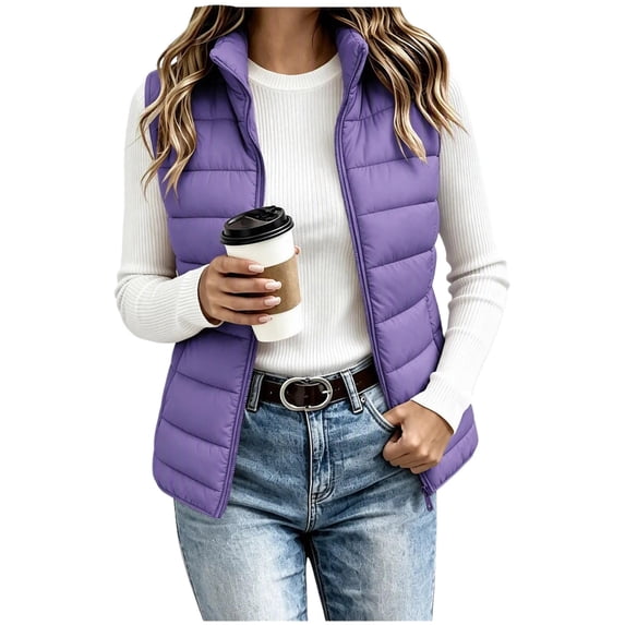 Women's Stand Collar Zip Up Puffer Vest Sleeveless Lightweight Quilted Gilet with Pockets Casual Outerwear for Fall Winter