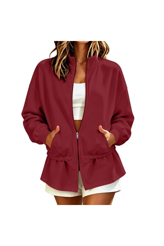 Women's Stand Collar Zip Up Sweatshirt Jacket Ruffled Peplum Hem Long Sleeve Loose Cardigan Coats with Pockets Daily Fall Winter Outerwear Wine
