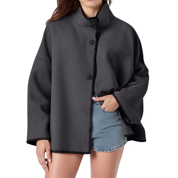 Women's Stand-Up Collar Wool Blend Coat, Loose Fit Button Closure Short Jacket, Contrasting Stitching Outerwear with Pockets for Casual Fall and Winter Fashion,Gray,L