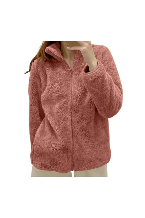 Women's Stand-Up Collar Zip-Up Jacket, Cozy Solid Color Sherpa Outerwear, Warm Lightweight Coat, 14 Colors, Sizes S-3XL