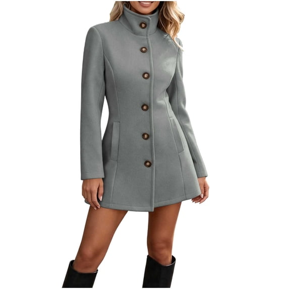 Women's Stand‑collar Button‑front Coat, Long‑sleeve Fall Winter Outerwear with Side Hand Pockets, Fall Office Peacoat, Warm Casual Holiday Everyday Wear Gray M