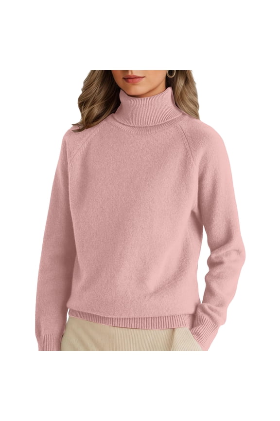 Women's Stand-up Collar Pullover Loose Thick Solid Color Turtleneck Knitted Base Sweater, Cozy and Warm Sweater for Winter, Loose Fit Design, Ideal for Layering under Coats,Pink,XL