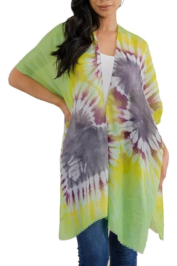 Women's Standard Loose Lightweight Tie Dye Open Front Kimono Short Sleeves Cover up Summer Beach Attire(Fits Small-Large)