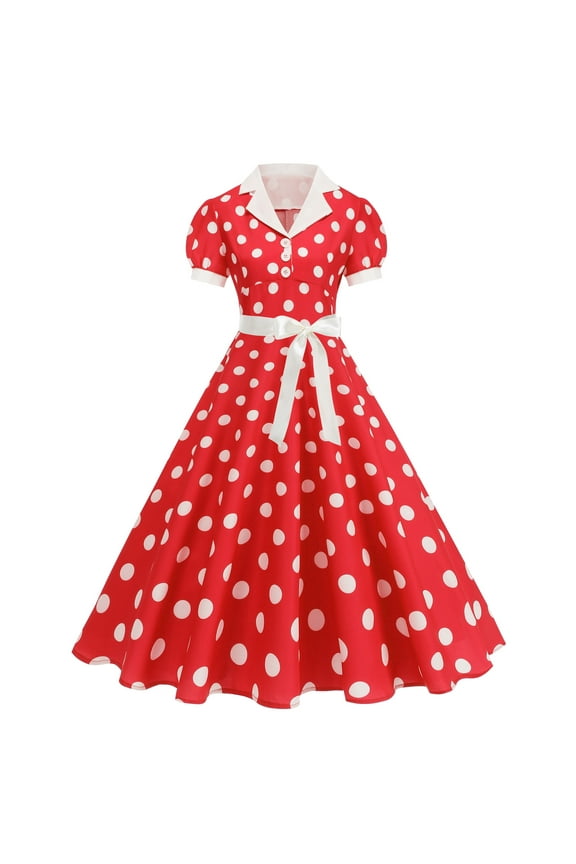 Women's Standing Collar Polka Spliced Large Dress With White Ribbon Long Skirt Short Sleeved Lapel Ankle Dress