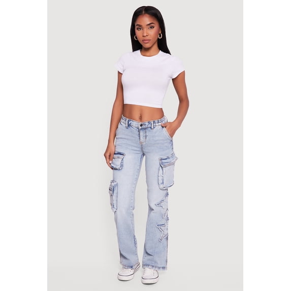 Women's Star Applique Acid Wash Straight Leg Cargo Jeans