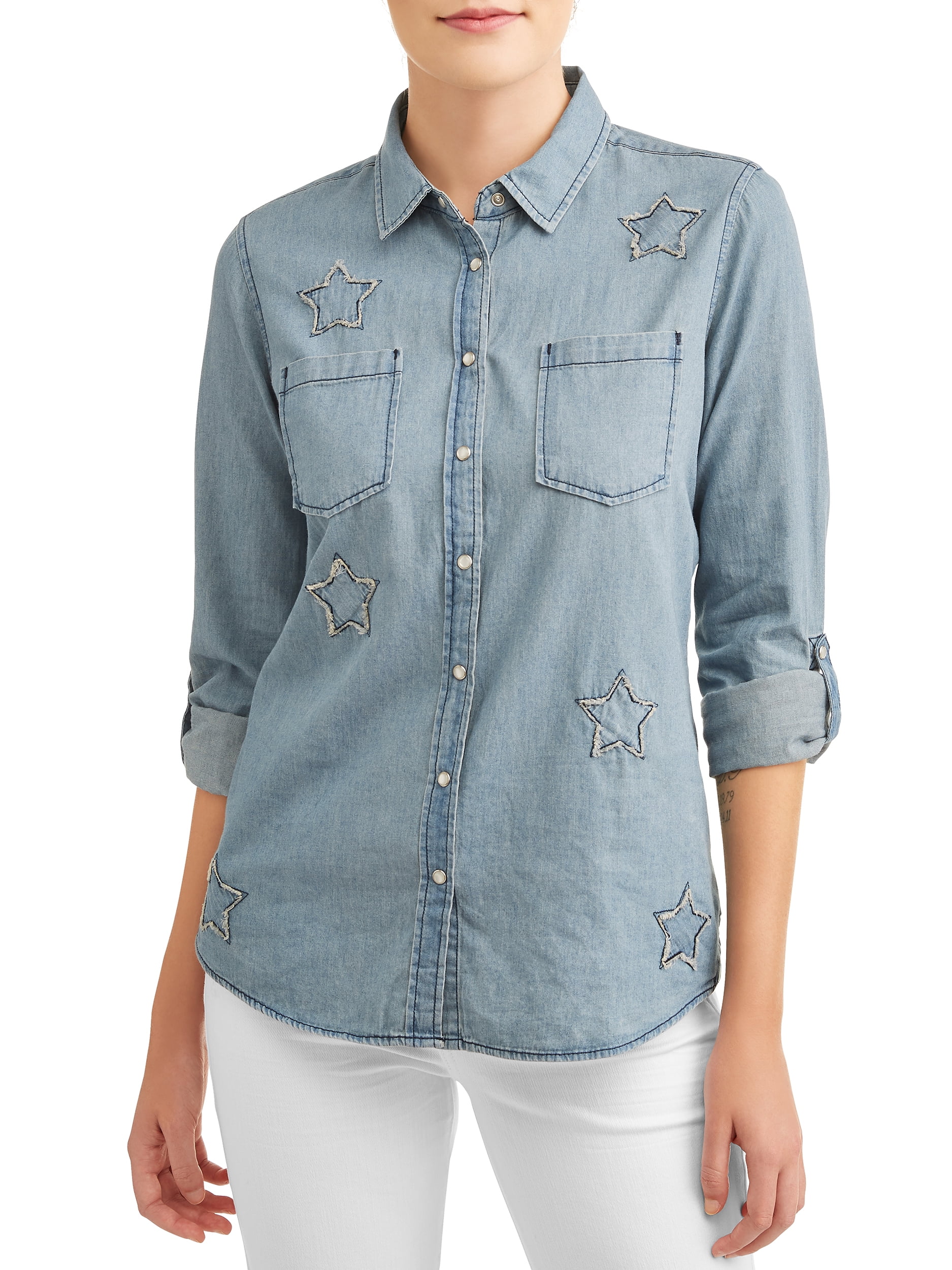 Women's Star Applique Roll Tab Denim Shirt
