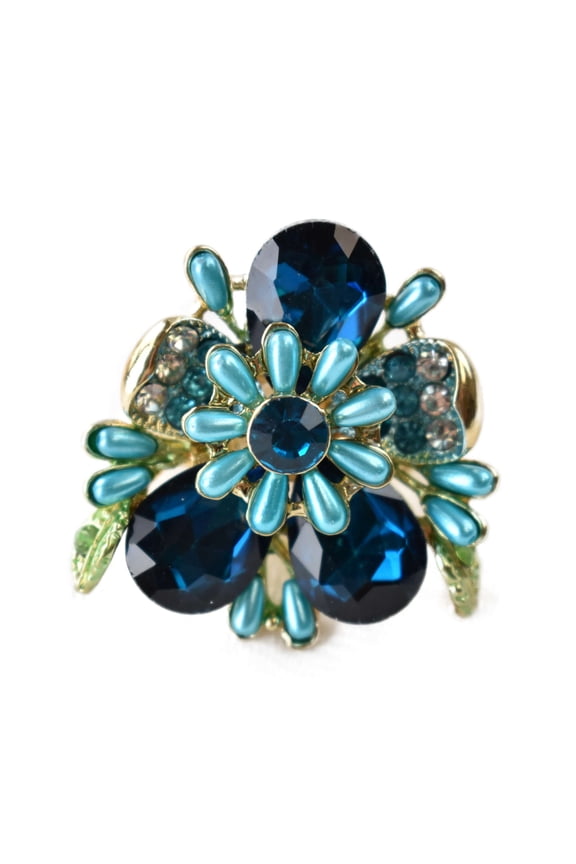 Women's Star Floral Petal Fashion Stretch Ring, Blue/Gold-Tone