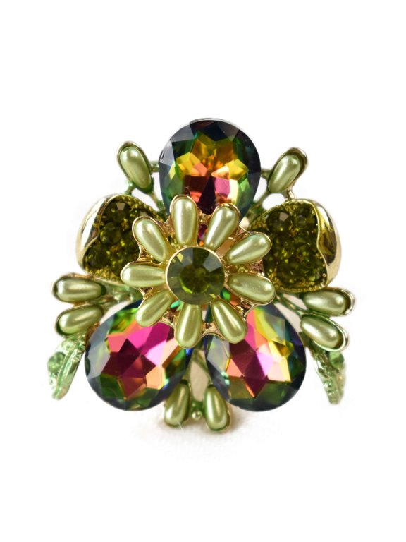 Women's Star Floral Petal Fashion Stretch Ring, Green Tint AB/Gold-Tone