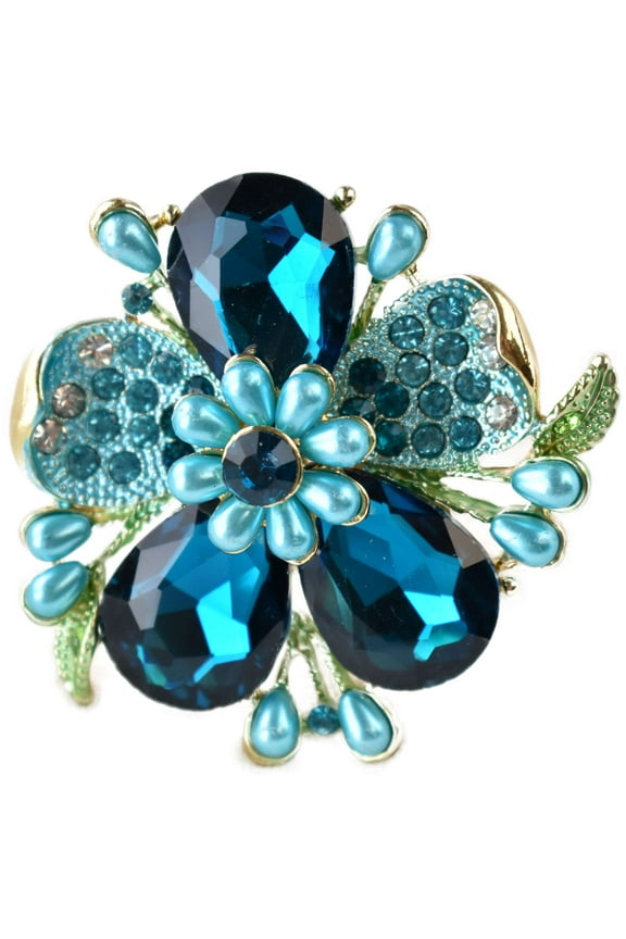 Women's Star Floral Petal Fashion Stretch Ring, Large Blue/Gold-Tone