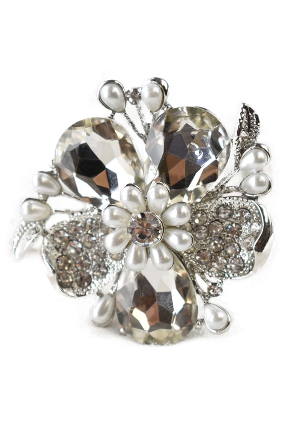 Women's Star Floral Petal Fashion Stretch Ring, Large Clear/Silver-Tone