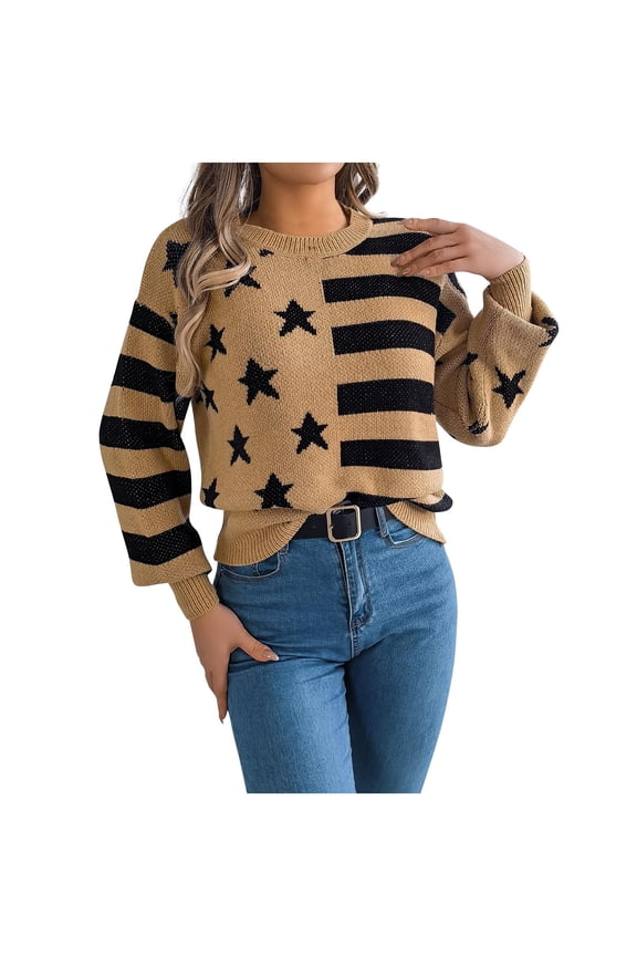 Women's Star Knit Sweater Crewneck Color Block Long Sleeve Pullover Khaki L