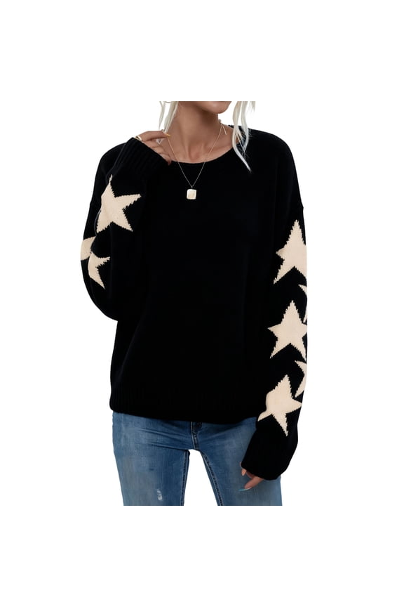 Women's Star Pattern Crewneck Sweater Lightweight Long Sleeve Pullover (Black, XL)