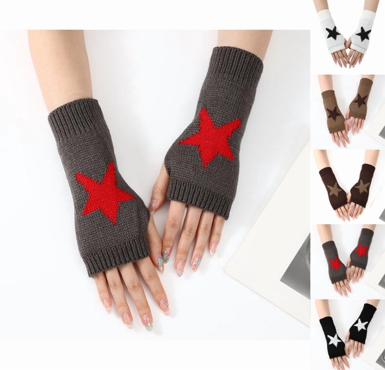 Women's Star Pattern Fingerless Thumb Hole Knitted Wrist Length Mitten ...