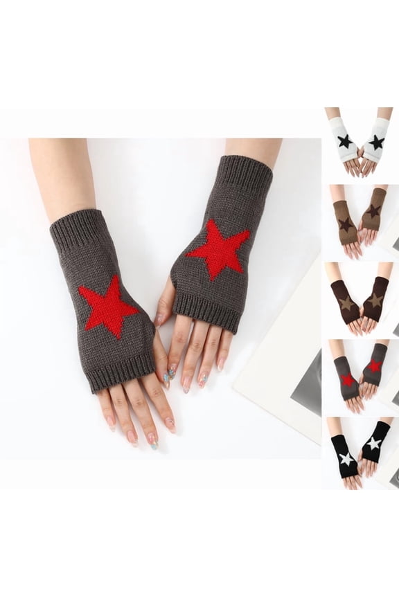 Women's Star Pattern Fingerless Thumb Hole Knitted Wrist Length Mitten Gloves Gray One Size