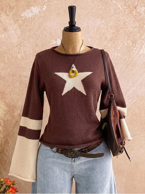 Women's Star Print Bell Sleeve Sweater Boat Neck Retro Knit Top
