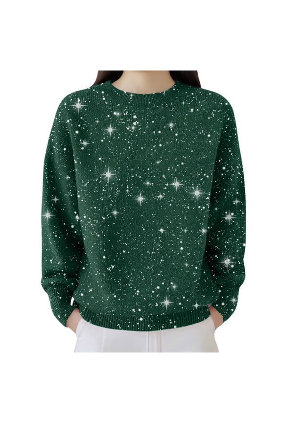 Women's Star Print Crewneck Sweater, Oversized Long-Sleeve Star Print Sweater Loose-Fit Star Print Crewneck Knit Top Fall Winter Casual Star Pattern Sweater, Blackish Green XL