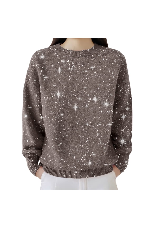 Women's Star Print Crewneck Sweater, Star Print Crewneck Sweater Soft Knit Star Print Pullover Multi-Color Sparkle Knit Pullover Casual Star Pattern Winter Sweater, Khaki M