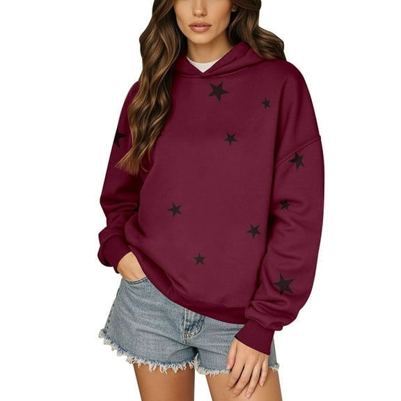 Women's Star Print Drawstring Hooded Sweatshirt with Pocket, Lightweight Oversized Long Sleeve Pullover Top, Casual Streetwear Fall Winter Comfort Wear, Aesthetic Soft Fleece Loungewear Red S
