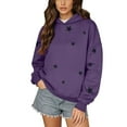 thumbnail image 1 of Women's Star Print Drawstring Hooded Sweatshirt with Pocket, Lightweight Oversized Long Sleeve Pullover Top, Casual Streetwear Fall Winter Comfort Wear, Aesthetic Soft Fleece Loungewear Purple M, 1 of 8