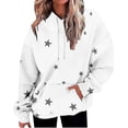 thumbnail image 1 of Women's Star Print Drawstring Hooded Sweatshirt with Pocket, Lightweight Oversized Long Sleeve Pullover Top, Casual Streetwear Fall Winter Comfort Wear, Aesthetic Soft Fleece Loungewear White M, 1 of 9