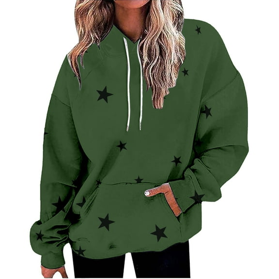 Women's Star Print Drawstring Hooded Sweatshirt with Pocket, Oversized Long Sleeve Pullover, Plus Size Soft Comfy Fall Top for Streetwear, Casual Daily Wear and Concert Events Green M