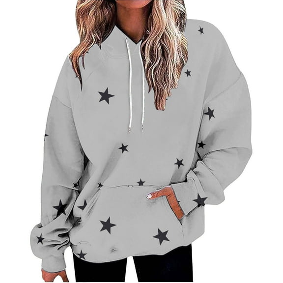Women's Star Print Drawstring Hooded Sweatshirt with Pocket, Oversized Long Sleeve Pullover, Plus Size Soft Comfy Fall Top for Streetwear, Casual Daily Wear and Concert Events Light Ashy XXL