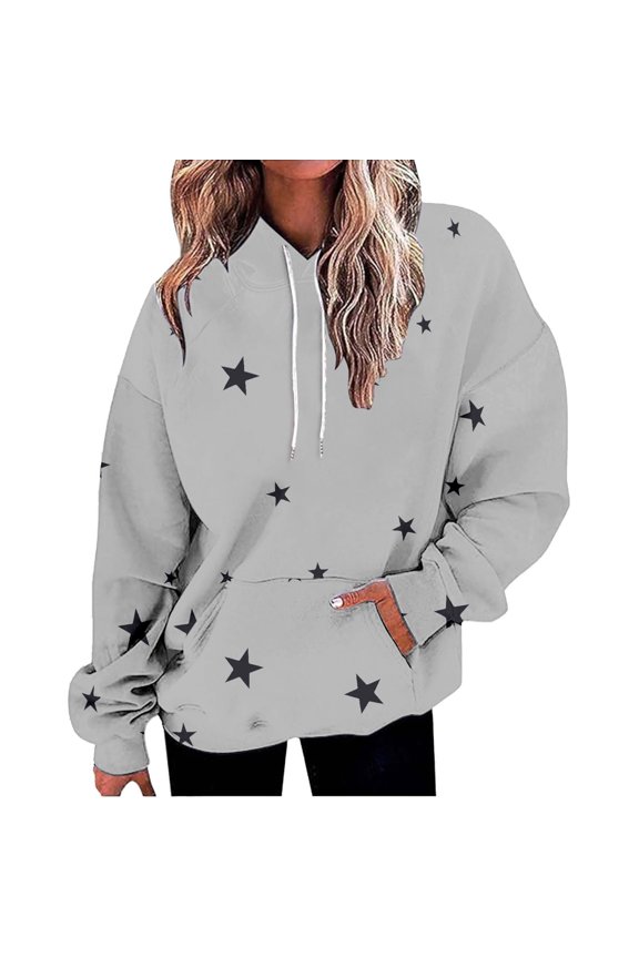 Women's Star Print Drawstring Hooded Sweatshirt with Pocket, Oversized Long Sleeve Pullover, Plus Size Soft Comfy Fall Top for Streetwear, Casual Daily Wear and Concert Events Light Ashy XL