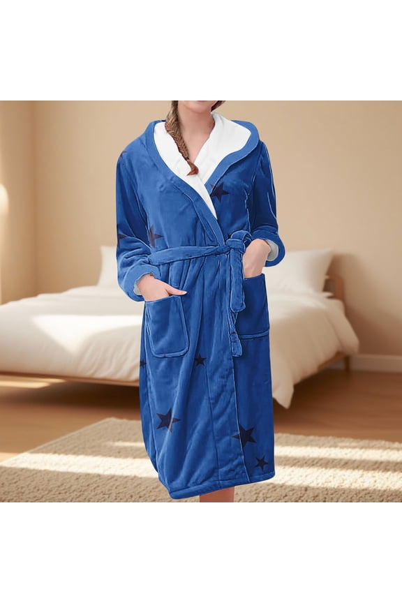 Women's Star Print Fleece Bathrobe, Long Length Plush Robe, Soft Cozy Loungewear, Knee Length Gown with Pockets, Comfortable Spa Style Robe for Women Blue M