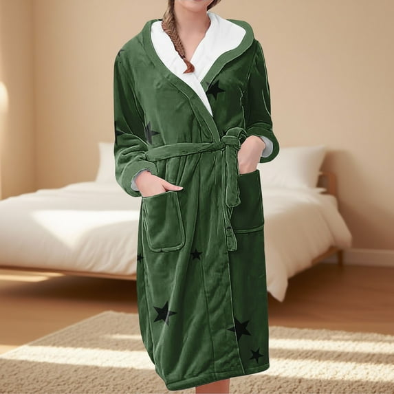 Women's Star Print Fleece Bathrobe, Long Length Plush Robe, Soft Cozy Loungewear, Knee Length Gown with Pockets, Comfortable Spa Style Robe for Women Green XL