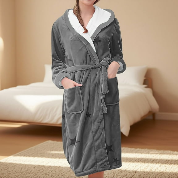 Women's Star Print Fleece Bathrobe, Long Length Plush Robe, Soft Cozy Loungewear, Knee Length Gown with Pockets, Comfortable Spa Style Robe for Women Grey XXL