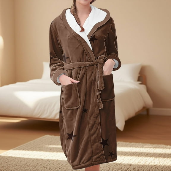 Women's Star Print Fleece Bathrobe, Long Length Plush Robe, Soft Cozy Loungewear, Knee Length Gown with Pockets, Comfortable Spa Style Robe for Women Khaki L
