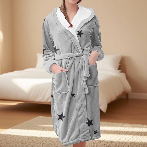 Women's Star Print Fleece Bathrobe, Long Length Plush Robe, Soft Cozy Loungewear, Knee Length Gown with Pockets, Comfortable Spa Style Robe for Women Light Ashy XXXL