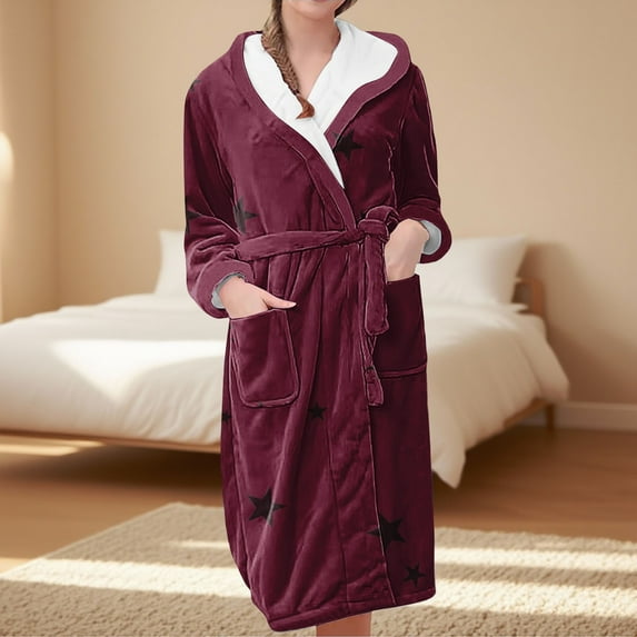 Women's Star Print Fleece Bathrobe, Long Length Plush Robe, Soft Cozy Loungewear, Knee Length Gown with Pockets, Comfortable Spa Style Robe for Women Red M