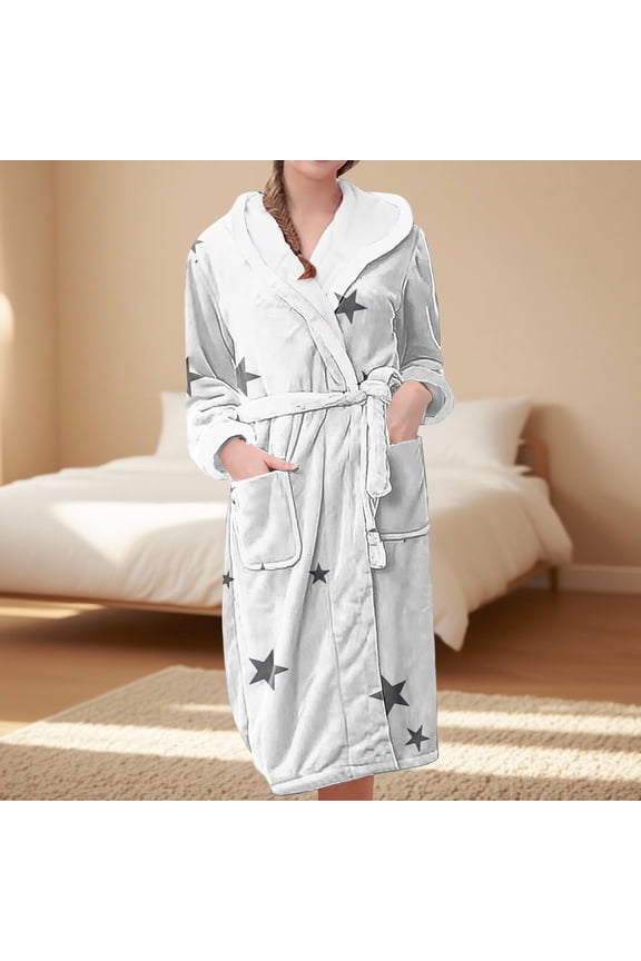 Women's Star Print Fleece Bathrobe, Long Length Plush Robe, Soft Cozy Loungewear, Knee Length Gown with Pockets, Comfortable Spa Style Robe for Women White M