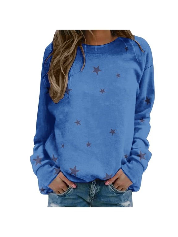 Women's Star Print No Hood Sweatshirt, Soft Breathable Polyester Long Sleeve Pullover Top with Comfort Fit for Casual Daily Wear, Winter Season, Street Fashion and Outdoor Activities Blue L
