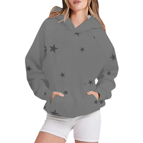 Women's Star Print Hooded Sweatshirt with Pocket, Long Sleeve Graphic Pullover for Casual Streetwear, Comfy Lounge Wear, and Everyday Fashion Grey L
