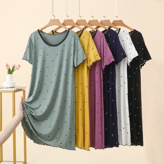 Women's Star Print Lace Trim Crew Neck Midi Nightgown, Soft Modal Short Sleeve Loose Casual Home Loungewear Sleep Dress Green XL(XL)
