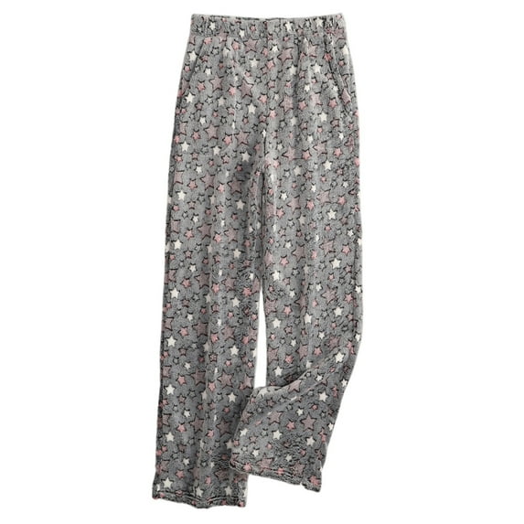 Women's Star Print Plush Pajama Pants, Elastic Waist with 2 Pockets, Dark Gray, Size L