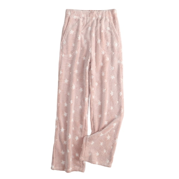 Women's Star Print Plush Pajama Pants, Elastic Waist with 2 Pockets, Light Pink, Size S