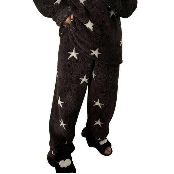 Women’s Star-Print Plush Pajama Pants – High-Waist Fuzzy Lounge Bottoms with Pockets (Soft, Breathable Winter Sleepwear for Curvy Comfort)