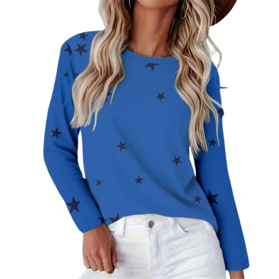 Women's Star Print Round Neck Long Sleeve Sweatshirt, Loose Fit Casual Pullover Top with Five-Point Star Pattern for Daily Wear, Street Fashion and All Season Comfort Blue XXXXL